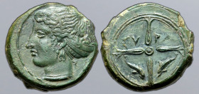 Sicily, Syracuse Æ 16mm. Time of the Second Democracy, circa 410-405 BC. Head of Arethusa to left, wearing sphendone / Four-spoked wheel; ΣY-PA within...