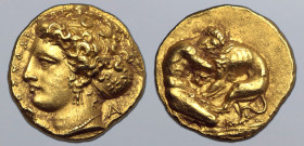 Sicily, Syracuse AV 100 Litrai - Double Dekadrachm. Dionysios I, circa 405-400 BC. Unsigned dies in the style of Kimon. Head of Arethusa to left, wear...