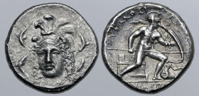 Sicily, Syracuse AR Drachm. Time of Dionysios I, circa 405-400 BC. Unsigned dies in the style of Eukleidas. Head of Athena facing three-quarters to le...