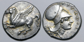 Sicily, Syracuse AR Stater. Time of Timoleon and the Third Democracy, circa 343-317 BC. Pegasos flying to left / Head of Athena to right, wearing Cori...