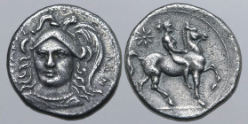 Sicily, Syracuse AR Diobol. Time of Timoleon and the Third Democracy, 343-317 BC. Attic standard. Head of Athena facing slightly to left, wearing trip...