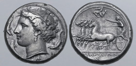 Sicily, Syracuse AR Tetradrachm. Time of Agathokles, circa 310-305 BC. Wreathed head of Arethusa to left, wearing triple-pendent earring and necklace;...