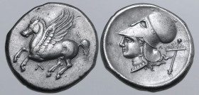 Akarnania, Leukas AR Stater. Circa 320-280 BC. Pegasos flying to left; Λ below / Head of Athena to left, wearing Corinthian helmet; Λ and stylis behin...