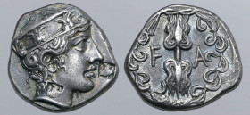 Elis, Olympia AR Stater. ‘Hera’ mint, circa 98th Olympiad = 388 BC. Head of Hera to right, wearing ornamented stephanos; c/ms: uncertain identical sym...