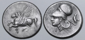 Corinthia, Corinth AR Stater. Circa 345-307 BC. Pegasos flying to left; Ϙ below / Head of Athena to left, wearing Corinthian helmet; Ι below chin, coc...