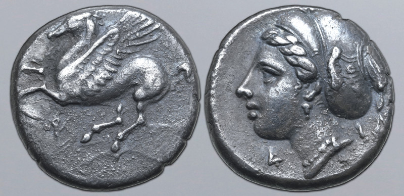 Corinthia, Corinth AR Drachm. Circa 330-300 BC. Pegasos flying to left; Ϙ below ...