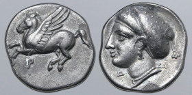 Corinthia, Corinth AR Drachm. Circa 330-300 BC. Pegasos flying to left; Ϙ below / Head of Aphrodite to left, wearing sakkos; Δ below chin. BCD Corinth...