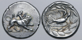 Sikyonia, Sikyon AR Stater. Circa 431-400 BC. Chimaera advancing to right, right paw raised; ΣE below / Dove flying to right within olive wreath. BCD ...
