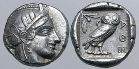 Attica, Athens AR Tetradrachm. Circa 460-454 BC. Late “transitional” issue. Head of Athena to right, wearing crested Attic helmet ornamented with thre...