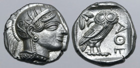 Attica, Athens AR Tetradrachm. Circa 454-404 BC. Head of Athena to right, wearing crested Attic helmet ornamented with three olive leaves above visor ...