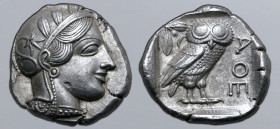 Attica, Athens AR Tetradrachm. Circa 454-404 BC. Head of Athena to right, wearing crested Attic helmet ornamented with three olive leaves above visor ...