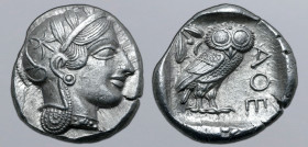 Attica, Athens AR Tetradrachm. Circa 454-404 BC. Head of Athena to right, wearing crested Attic helmet ornamented with three olive leaves above visor ...