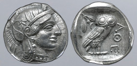 Attica, Athens AR Tetradrachm. Circa 454-404 BC. Head of Athena to right, wearing crested Attic helmet ornamented with three olive leaves above visor ...