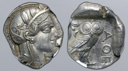Attica, Athens AR Tetradrachm. Circa 454-404 BC. Head of Athena to right, wearing crested Attic helmet ornamented with three olive leaves above visor ...