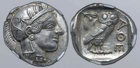 Attica, Athens AR Tetradrachm. Circa 454-404 BC. Head of Athena to right, wearing crested Attic helmet ornamented with three olive leaves above visor ...