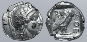Attica, Athens AR Tetradrachm. Circa 454-404 BC. Head of Athena to right, wearing crested Attic helmet ornamented with three olive leaves above visor ...