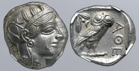 Attica, Athens AR Tetradrachm. Circa 454-404 BC. Head of Athena to right, wearing crested Attic helmet ornamented with three olive leaves above visor ...