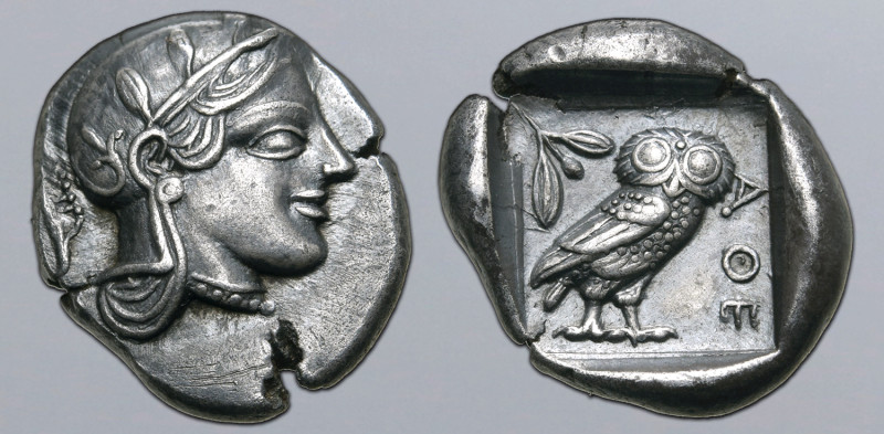 Attica, Athens AR Drachm. Circa 454-404 BC. Head of Athena to right, wearing ear...