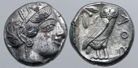 Attica, Athens Fourrée Tetradrachm. Circa 406-404 BC. Head of Athena to right, wearing crested Attic helmet ornamented with three olive leaves above v...