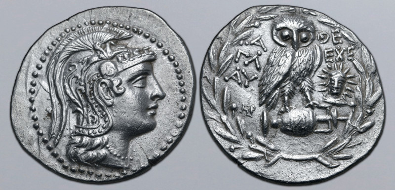 Attica, Athens AR New Style Tetradrachm. Circa 138/7 BC. Glau- and Eche-, magist...