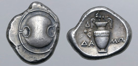 Boiotia, Thebes AR Stater. Circa 390-382 BC. Damo-, magistrate. Boiotian shield / Amphora, with ivy-spray hanging from left handle; club above, ΔA-MΩ ...