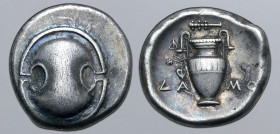 Boiotia, Thebes AR Stater. Circa 390-382 BC. Damo-, magistrate. Boiotian shield / Amphora, with ivy-spray hanging from left handle; club above, ΔA-MO ...