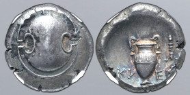 Boiotia, Thebes AR Stater. Circa 379-368 BC. Klee(s?)-, magistrate. Boiotian shield / Amphora; incense burner to right, KV-E[…] across fields. Hepwort...
