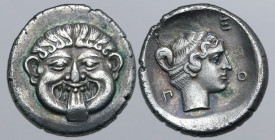 Macedon, Neapolis AR Hemidrachm. Circa 410-380 BC. Gorgoneion facing, with open mouth and tongue protruding / Head of nymph to right; N-E-O-Π around; ...
