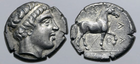 Kingdom of Macedon, Archelaos I AR Stater. Circa 413-399 BC. Youthful head of Apollo to right, wearing taenia / Horse walking to right, with right for...