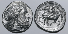 Kingdom of Macedon, Philip II AR Tetradrachm. Amphipolis, circa 355-348 BC. Laureate head of Zeus to right / ΦΙΛΙΠΠΟΥ, Philip on horseback to left, ra...