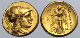 Kingdom of Macedon, Alexander III ‘the Great’ AV Stater. Kallatis, circa 250-225 BC. Head of Athena to right, wearing necklace and crested Corinthian ...