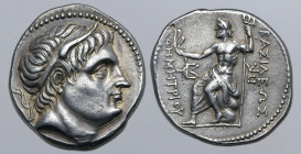 Kingdom of Macedon, Demetrios I Poliorketes AR Tetradrachm. Amphipolis, circa 291-290 BC. Diademed and horned head to right / Poseidon Pelagaios seate...