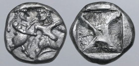 Thraco-Macedonian Region, Berge AR Stater. Circa 525-480 BC. Ithyphallic satyr standing to right, grasping right wrist of nymph fleeing to right with ...