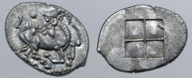 Thraco-Macedonian Tribes, Mygdones or Krestones AR Diobol. Circa 490-470 BC. Goat kneeling to right, head reverted; pellets around / Quadripartite inc...