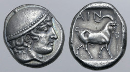 Thrace, Ainos AR Tetradrachm. Circa 455-452 BC. Head of Hermes to right, wearing petasos / Goat standing to right; AINI above, kerykeion in right fiel...