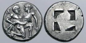 Islands off Thrace, Thasos AR Stater. Circa 412-404 BC. Nude satyr in kneeling-running stance to right, carrying off protesting nymph; Γ in upper righ...