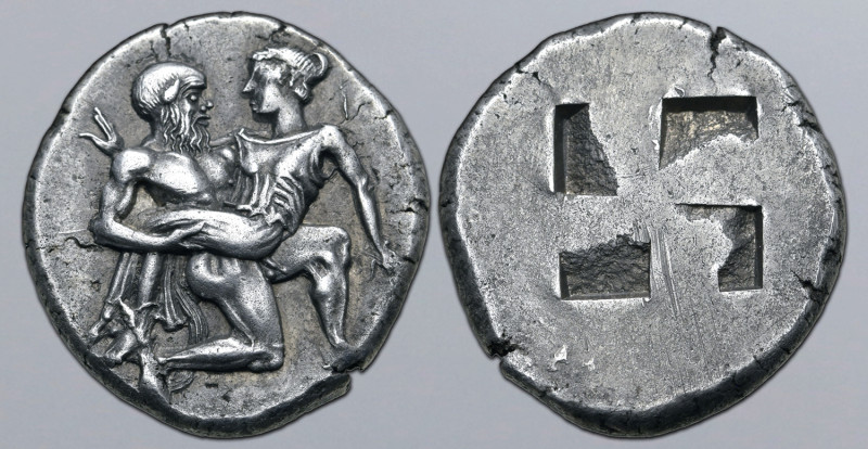 Islands off Thrace, Thasos AR Stater. Circa 412-404 BC. Nude satyr in kneeling-r...