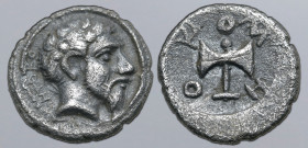 Kings of Odrysian Thrace, Metokos AR Obol. Circa 407-386 BC. Bare head to right; MHTOKO behind / MHTOKO, labrys; all within shallow circular incuse. C...