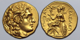 Kings of Thrace, Lysimachos AV Stater. Uncertain mint, 306-280 BC. Diademed head of the deified Alexander to right, wearing horn of Ammon / Athena Nik...