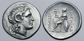 Kings of Thrace, Lysimachos AR Tetradrachm. Lampsakos, circa 297-281 BC. Diademed head of the deified Alexander to right, with horn of Ammon / Athena ...
