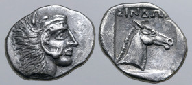 Kimmerian Bosporos, Gorgippia as Sindikos Limen (or the Sindoi) AR Diobol. Circa 400 BC. Head of Herakles to right, wearing lion skin headdress / Head...
