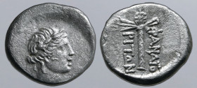 Kimmerian Bosporos, Phanagoria AR Drachm. Time of Mithradates VI Eupator of Pontos, circa 90-79 or 85-70 BC. Laureate head of Apollo to right / Fillet...