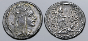 Kings of Armenia, Tigranes II ‘the Great’ AR Tetradrachm. Tigranokerta, circa 80-68 BC. Diademed and draped bust to right, wearing Armenian tiara with...