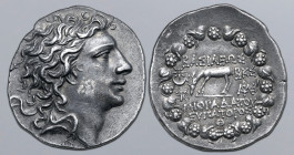 Kings of Pontos, Mithradates VI Eupator AR Tetradrachm. Dated Bithyno Pontic Era 222, month 9 = June 76/5 BC. Diademed head to right / Stag grazing on...