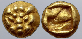 Ionia, uncertain mint EL 1/24 Stater. Circa 600-550 BC. Lydo-Milesian standard. Facing head of lion / Incuse square. SNG Kayhan 1548; Klein -, cf. 416...