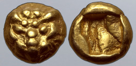 Ionia, uncertain mint EL 1/24 Stater. Circa 600-550 BC. Lydo-Milesian standard. Facing head of lion / Incuse square. SNG Kayhan 1548; Klein -, cf. 416...