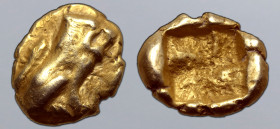 Ionia, uncertain mint EL 1/24 Stater. Circa 600-550 BC. Phokaic standard. Lion seated to right, with open jaws / Incuse square. CNG 97, 215; Nomos 19,...