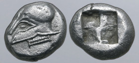 Ionia, uncertain mint AR Tetrobol. 5th century BC. Corinthian helmet to left / Quadripartite incuse square. Apparently unique and unpublished, cf. Ros...