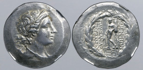 Ionia, Magnesia ad Maeandrum AR Tetradrachm. Circa 155-145 BC. Attic standard, Stephanophoric type. Pausanias, son of Pausanias, magistrate. Diademed ...