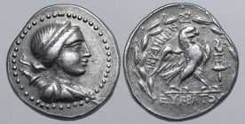 Troas, Abydos AR Tetradrachm. Circa 80-70 BC. Eukratos, magistrate. Draped bust of Artemis to right, wearing stephanos; bow and quiver over shoulder /...